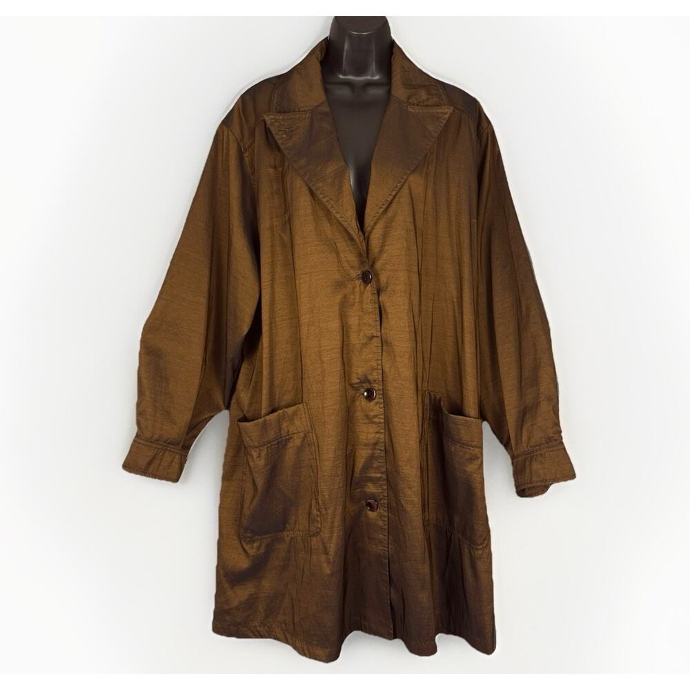 VTG Bag‎ It Mycra PAC Trench Trapeze Jacket O/S Brown Bronze Metallic Swing Coat